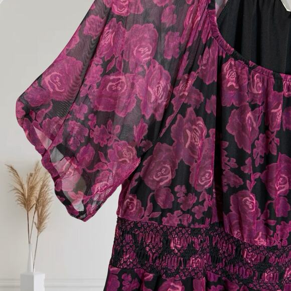 Terra & Sky Midi Dress NEW Sz 2X Smocked Mesh Bold Roses Berry Wine Lined Bohe - Picture 3 of 9